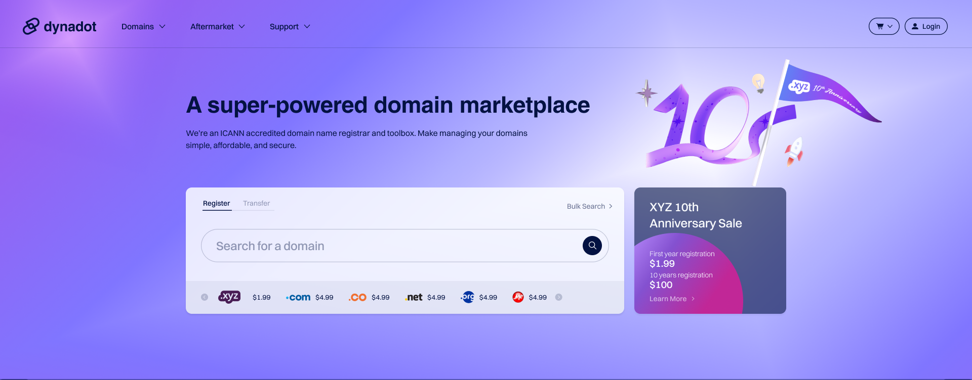 Dynadot's special edition of their homepage to celebrate .xyz’s 10th Anniversary!